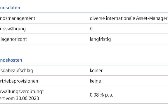 Tabellarische Übersicht zu Fondsdaten und -kosten, einschließlich Management, Währung, Anlagehorizont und Gebühren.