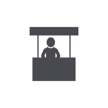 Person steht hinter einem Verkaufsstand, erkennbar durch ein Dach und eine Theke.