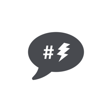 Sprechblase mit einem Hashtag und einem Blitzsymbol in einem minimalistischen, grauen Design.