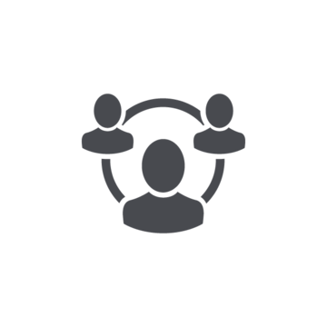 Symbol für Netzwerk oder Kommunikation, dargestellt durch eine zentrale Person mit zwei verbundenen Figuren.