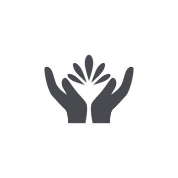 Zwei offene Hände, die eine stilisierte Blume oder Wassertropfen formen, stehen für Fürsorge und Schutz.