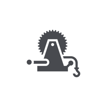 Graue Winde mit einem Zahnrad und einem Haken, symbolisieren mechanische Arbeit oder Hebetechnologie.