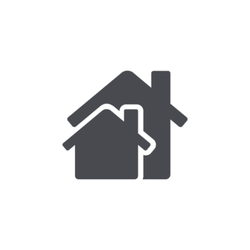 Zwei stilisierte Häuser in Grau, eines über dem anderen, mit einem Schornstein an der Seite.