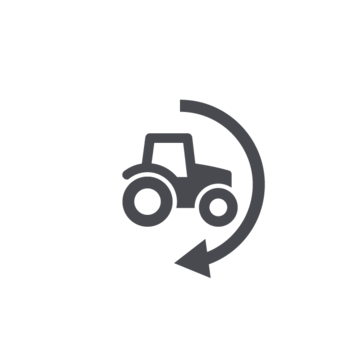 Graues Icon eines Traktors mit einer geschwungenen Pfeilanzeige, die eine Drehbewegung symbolisiert.