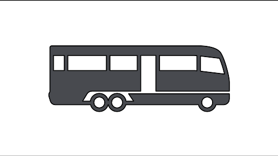 Grafik eines grauen Busses mit Fenstern und Rädern auf einem hellen Hintergrund.