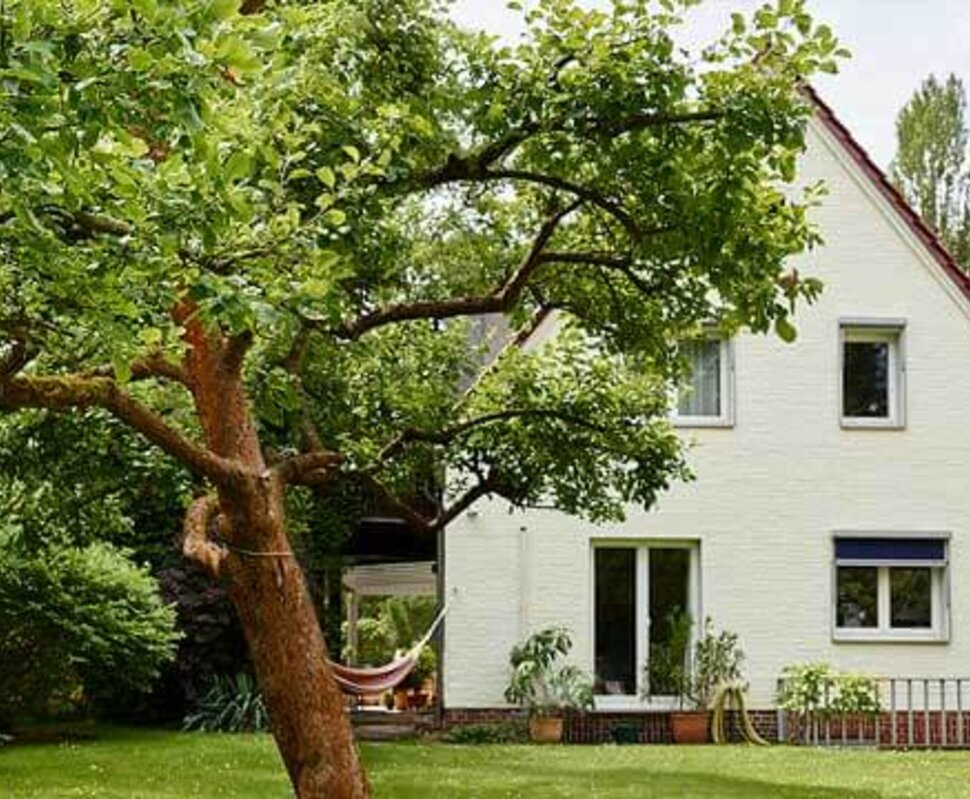 Weißes Einfamilienhaus mit Garten, umgeben von Bäumen und bepflanzten Beeten, sowie einer Hängematte im Hintergrund.