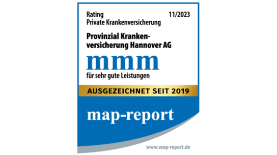 Auszeichnung für die Provinzial Krankenversicherung Hannover AG mit "mmm" für sehr gute Leistungen, map-report, gültig bis 12/2024.