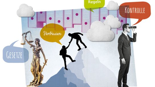Justitia mit Waage und eine Person, die auf einem Berg steht und mit einem Fernglas einen Ausblick hat; Themen: Gesetze, Vertrauen, Kontrolle, Regeln.