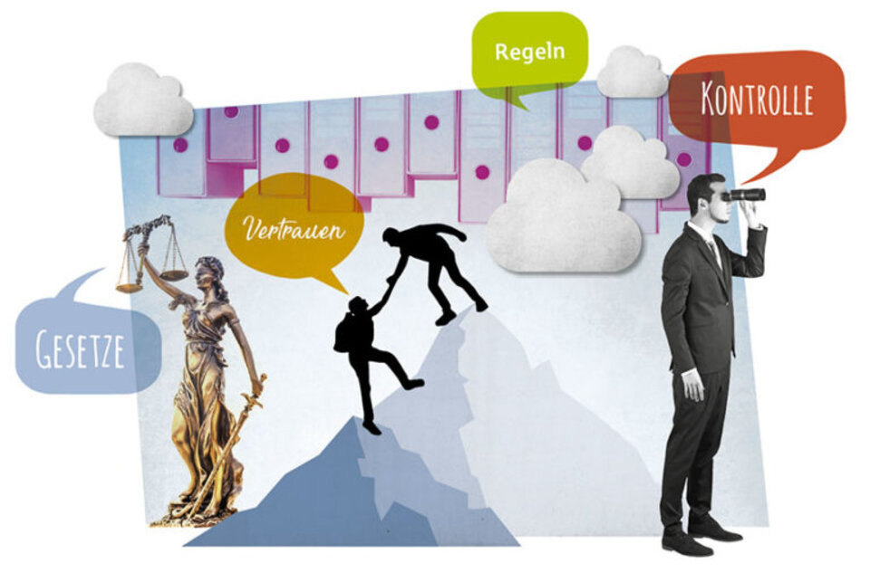 Justitia mit Waage und eine Person, die auf einem Berg steht und mit einem Fernglas einen Ausblick hat; Themen: Gesetze, Vertrauen, Kontrolle, Regeln.