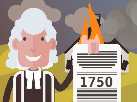 Ein Charakter mit weißen Haaren hält ein brennendes Dokument mit der Jahreszahl 1750 in einer ländlichen Umgebung.