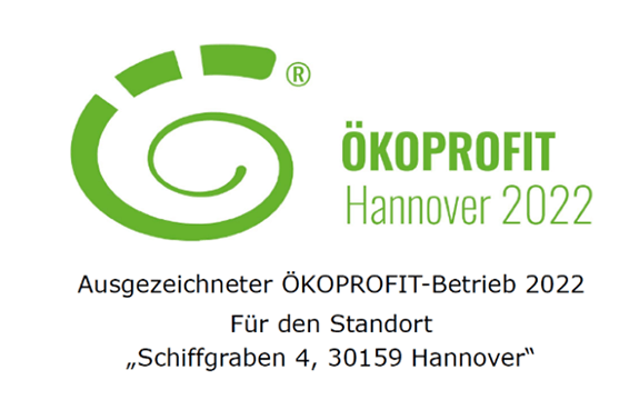 ÖKOPROFIT Hannover 2022, Auszeichnung für den Standort Schiffgraben 4, 30159 Hannover.